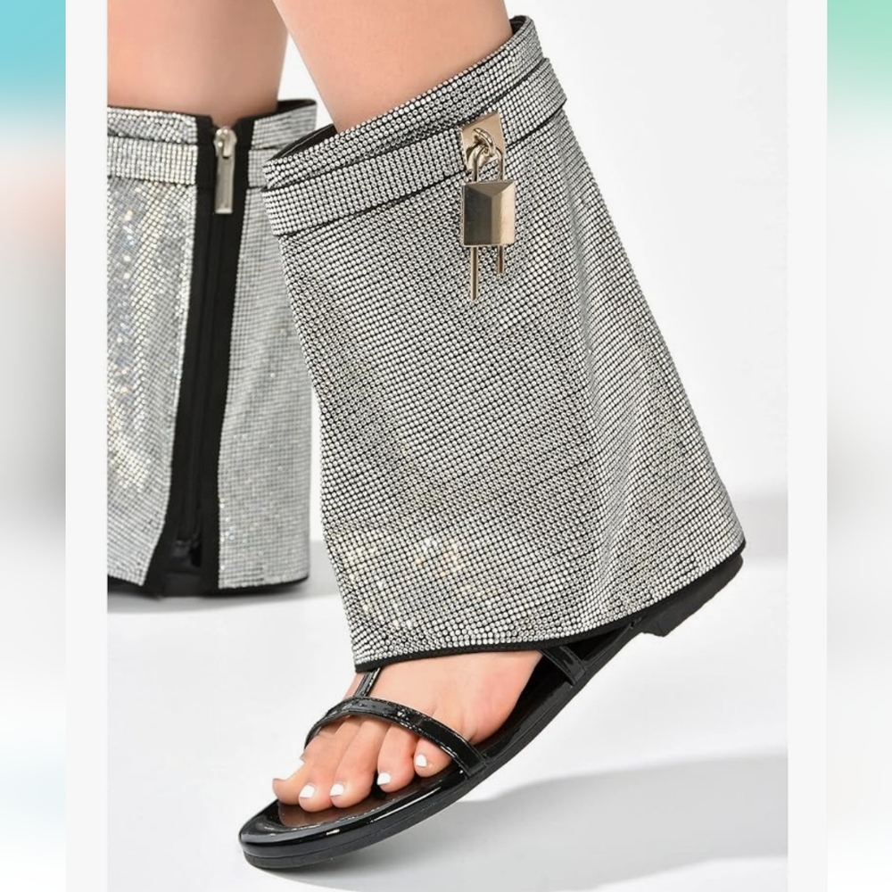 CAPE ROBBIN Carami Round Toe Fold Over Shiloha Rhinestone Flat Sandals ~ Black - Picture 3 of 17